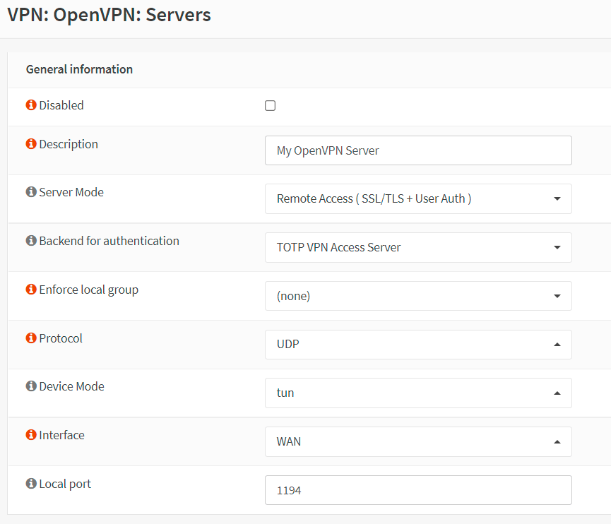 Einstellung der allgemeinen Informationsoptionen für einen OpenVPN-Server mit 2FA in OPNsense
