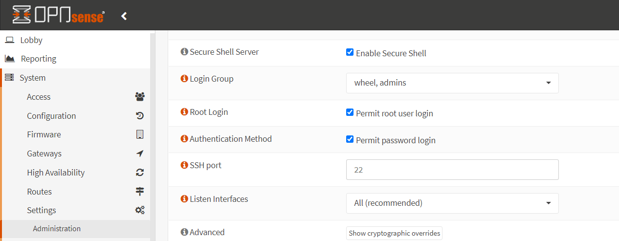 Aktivieren Sie Secure Shell für OPNsense