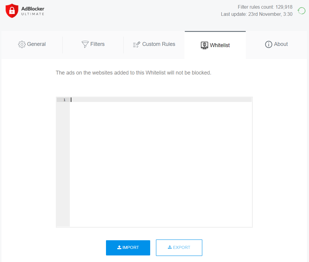 Verwalten von auf die Whitelist gesetzten Websites in AdBlocker Ultimate