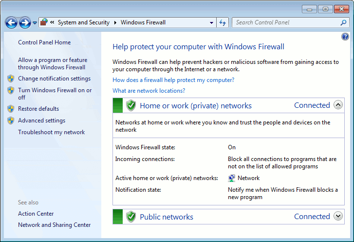 Windows-Firewall-Panel - Überprüfen, ob die Firewall funktioniert