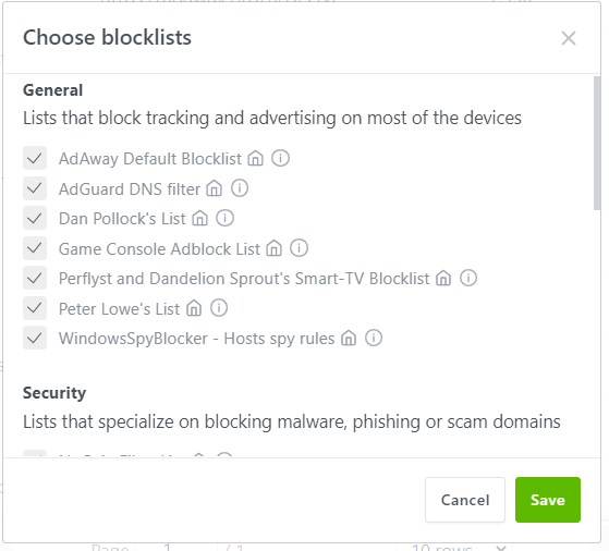 Auswahl der Blockliste für AdGuard Home