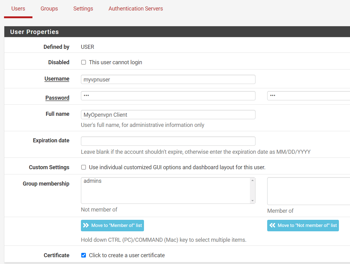 Lokale Benutzereigenschaften auf pfSense festlegen