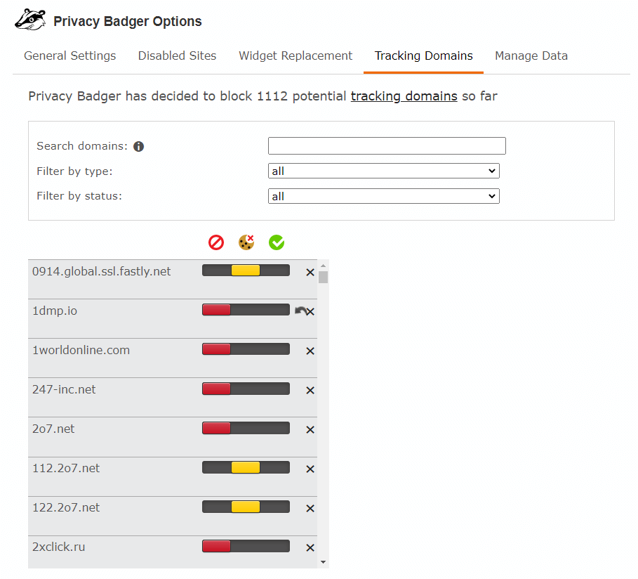 Verwalten von Tracking-Domains in Privacy Badger