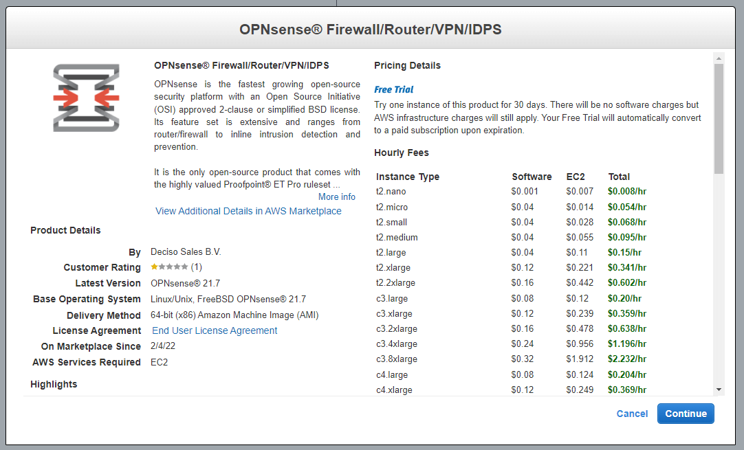 Produkt- und Preisinformationen der OPNsense AWS-Instanz
