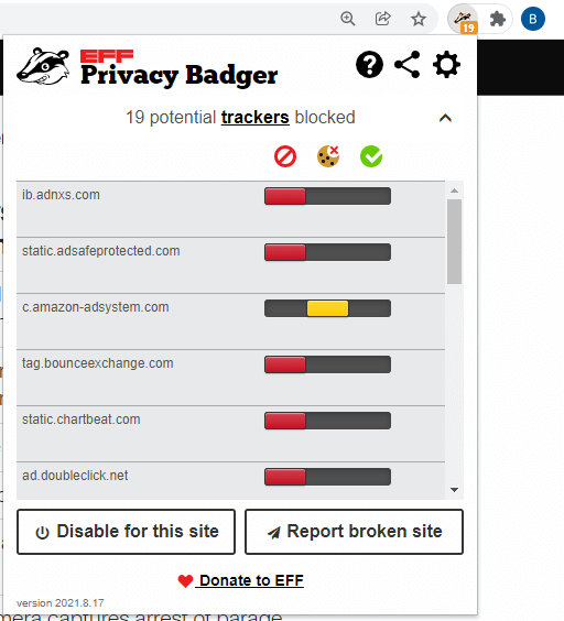 Verwalten von Privacy Badger für eine bestimmte Website, die Sie besuchen