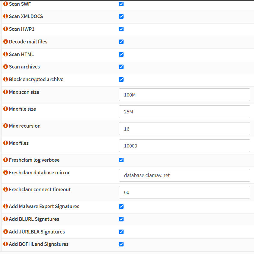 Konfiguration der ClamAV-Antivirus-Engine in der OPNsense-Weboberfläche-2