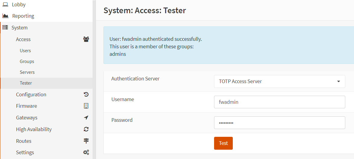 Testen von 2FA für einen Benutzer in OPNsense