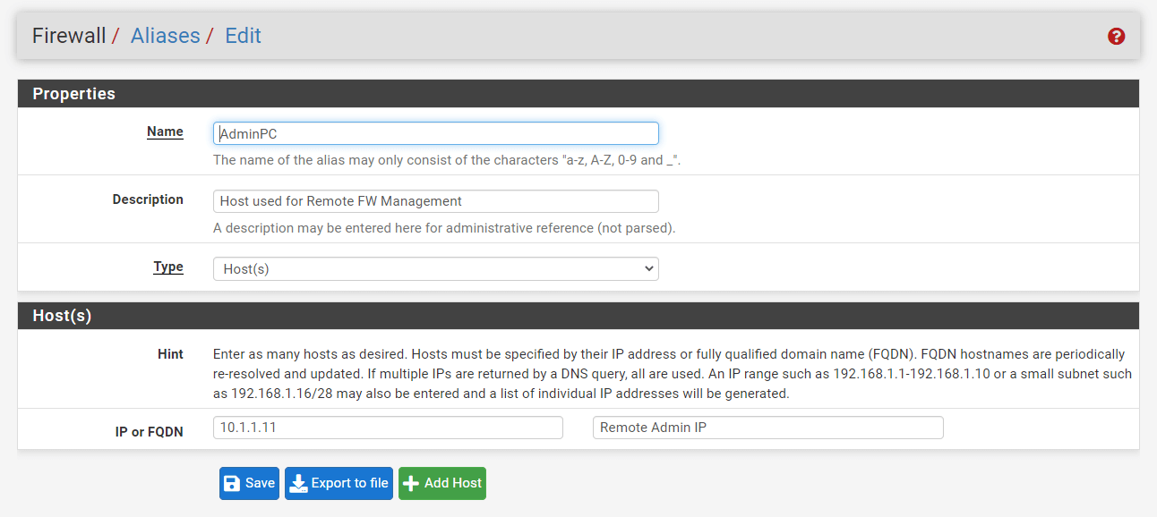 Hinzufügen von administrativen IP-Aliasen auf pfSense