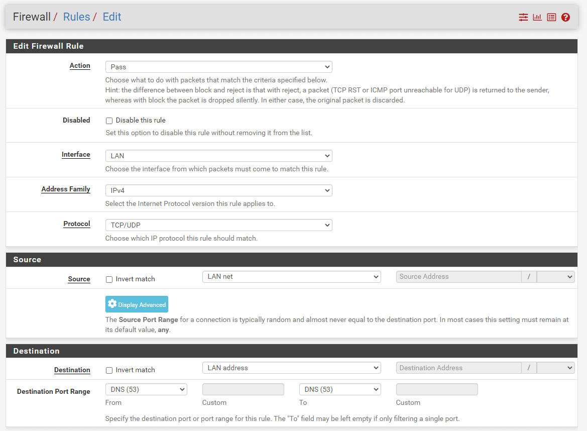 Erlaube interne DNS-Firewall-Regel