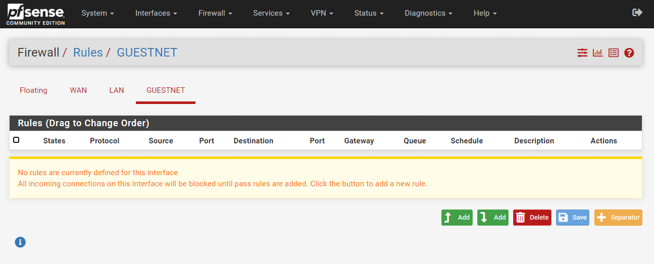 Definieren von Firewall-Regeln für die GuestNet-Schnittstelle auf pfSense