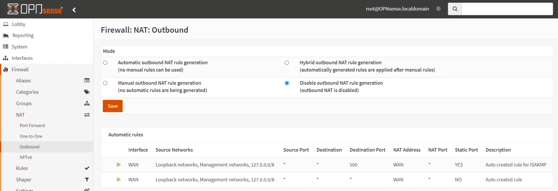 Outbound NAT auf der OPNsense-Firewall deaktivieren
