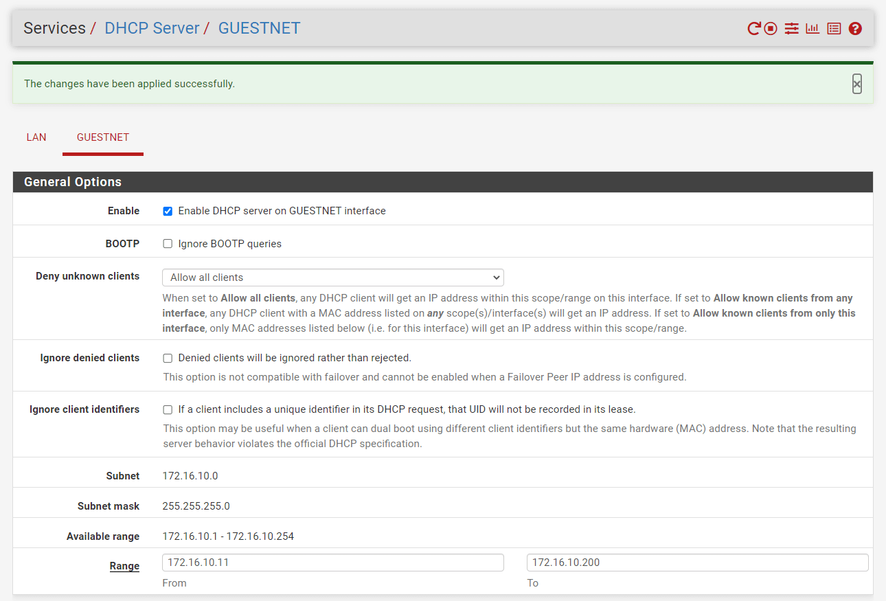 Aktivierung des DHCP-Servers für die GuestNet-Schnittstelle auf pfSense