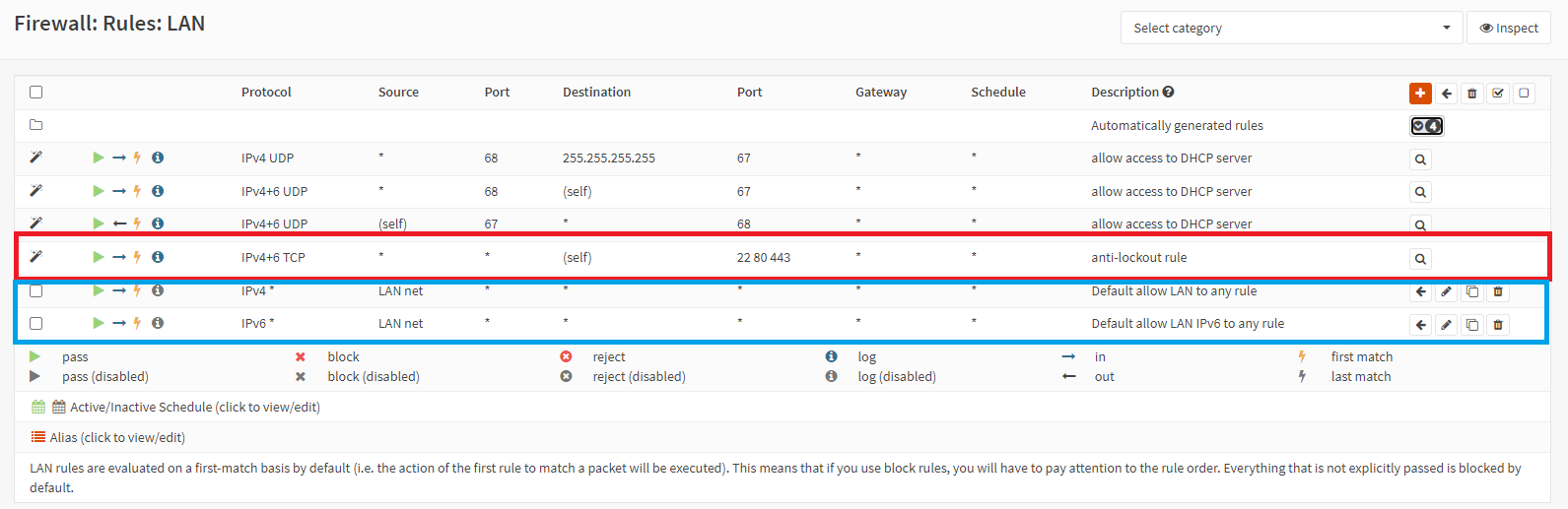 Standard-Anti-Lockout- und allow LAN to any-Regeln auf der OPNsense-Firewall