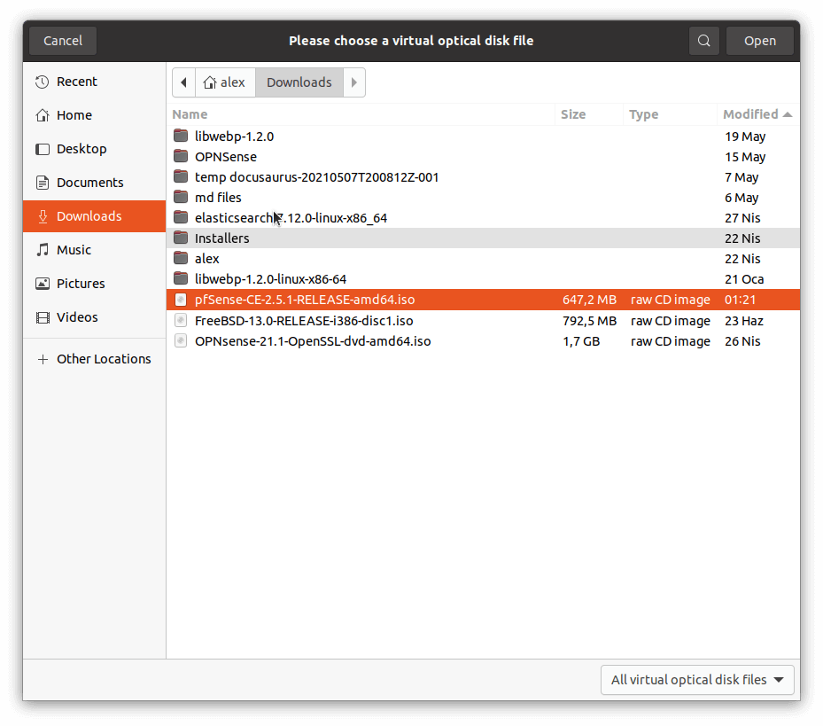 Wählen Sie eine virtuelle optische Datenträgerdatei für pfSense®