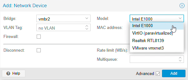 Modell für ein Netzwerkgerät der OPNsense-VM auf Proxmox VE einstellen