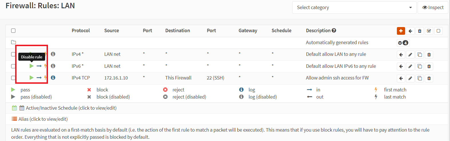 Deaktivierung einer bestimmten Firewall-Regel