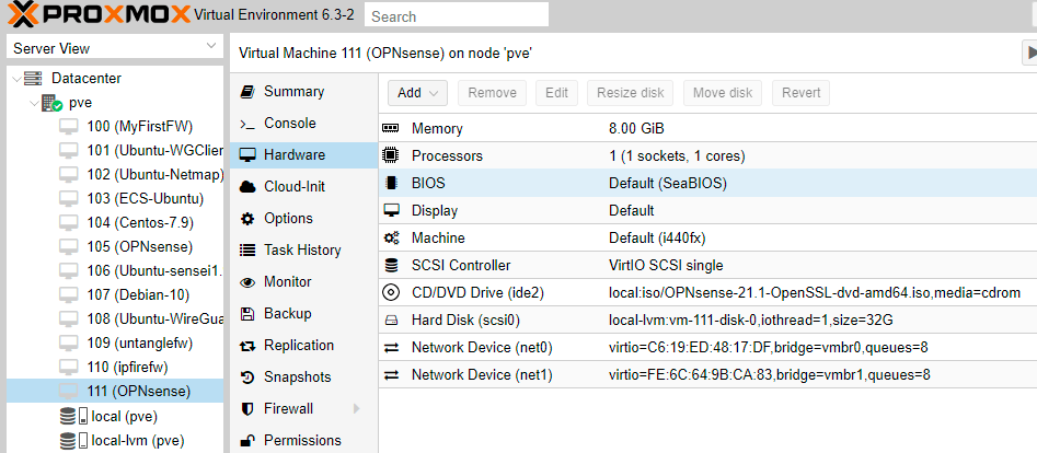 Hardwarekonfiguration der OPNsense-VM auf Proxmox VE