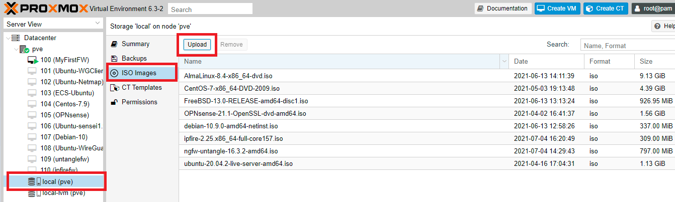Hochladen des OPNsense-ISO-Images auf den Proxmox-Knoten