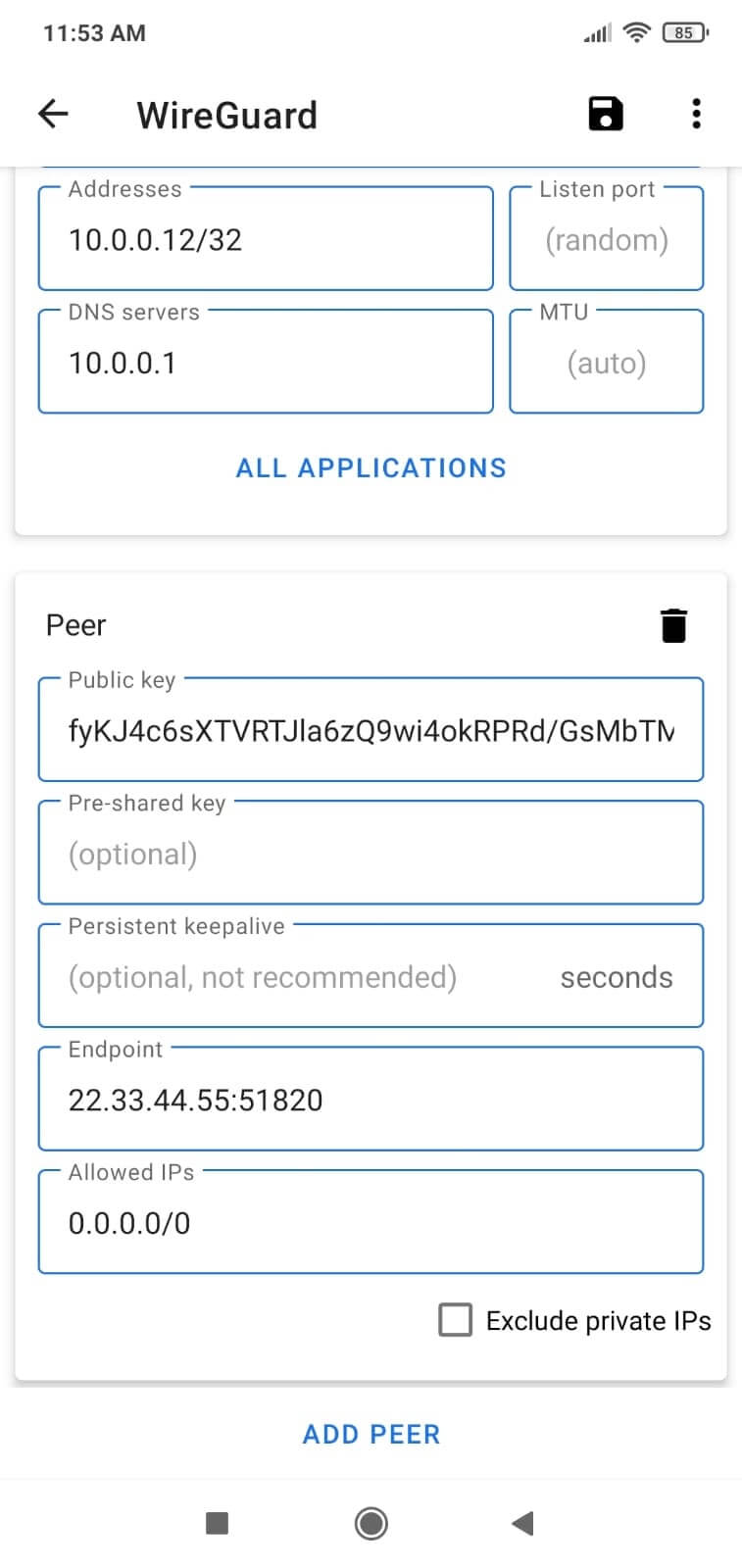 Hinzufügen der Peer-Konfiguration zum WireGuard-Client auf einem Android-Gerät