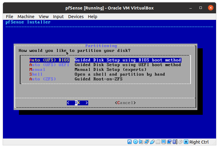 Partitionierungswahl für pfSense®-Software-VM auf Virtual Box