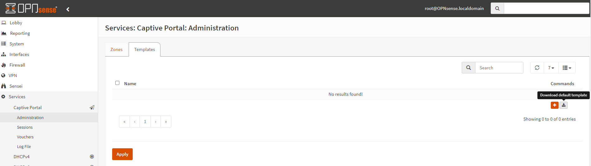 Herunterladen der Standardvorlage für das Captive Portal auf OPNsense