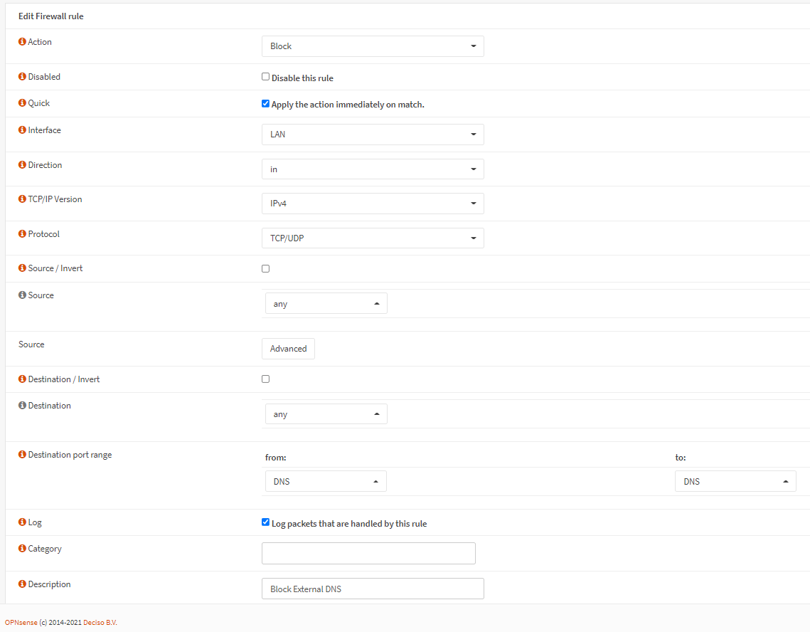 Blockiere externe DNS-Server-Regel