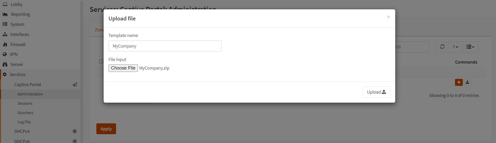 Hochladen der neuen Captive Portal-Vorlage auf OPNsense
