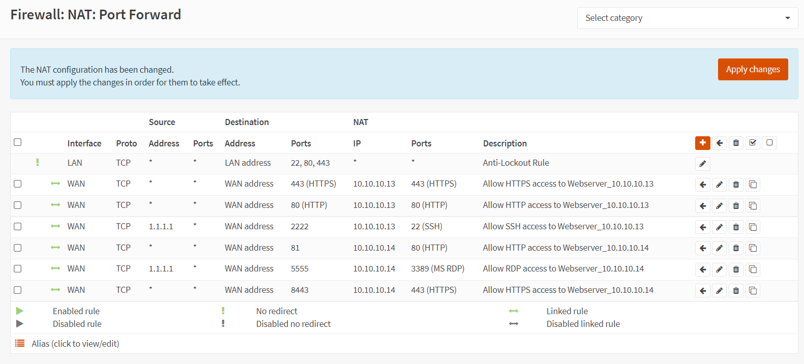 Liste der Portweiterleitungsregeln für Webserver in OPNsense