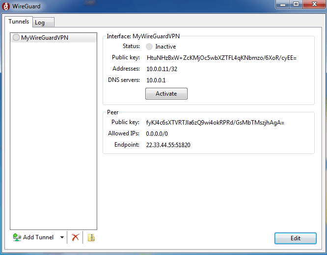Aktivierung des WireGuard-Tunnels auf dem Windows-Client