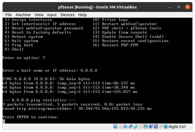 Ping google pfSense® VM auf Virtual Box