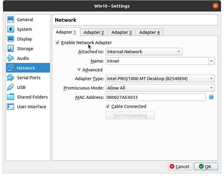 Einstellung des internen Netzwerks, um die pfSense®-VM auf Virtual Box zu erreichen