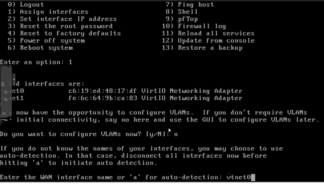 Zuweisung der WAN-Schnittstelle in der OPNsense-CLI