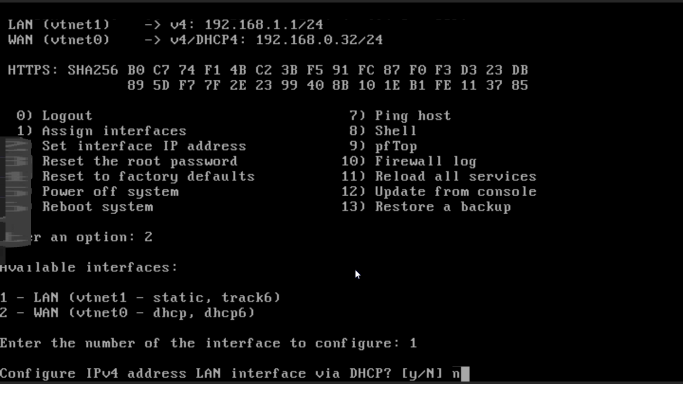 Auswahl der IP-Zuweisung für die LAN-Schnittstelle in der OPNsense-CLI