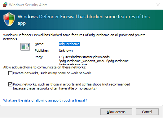 Allow AdGuard Home access on Windows Defender Firewall