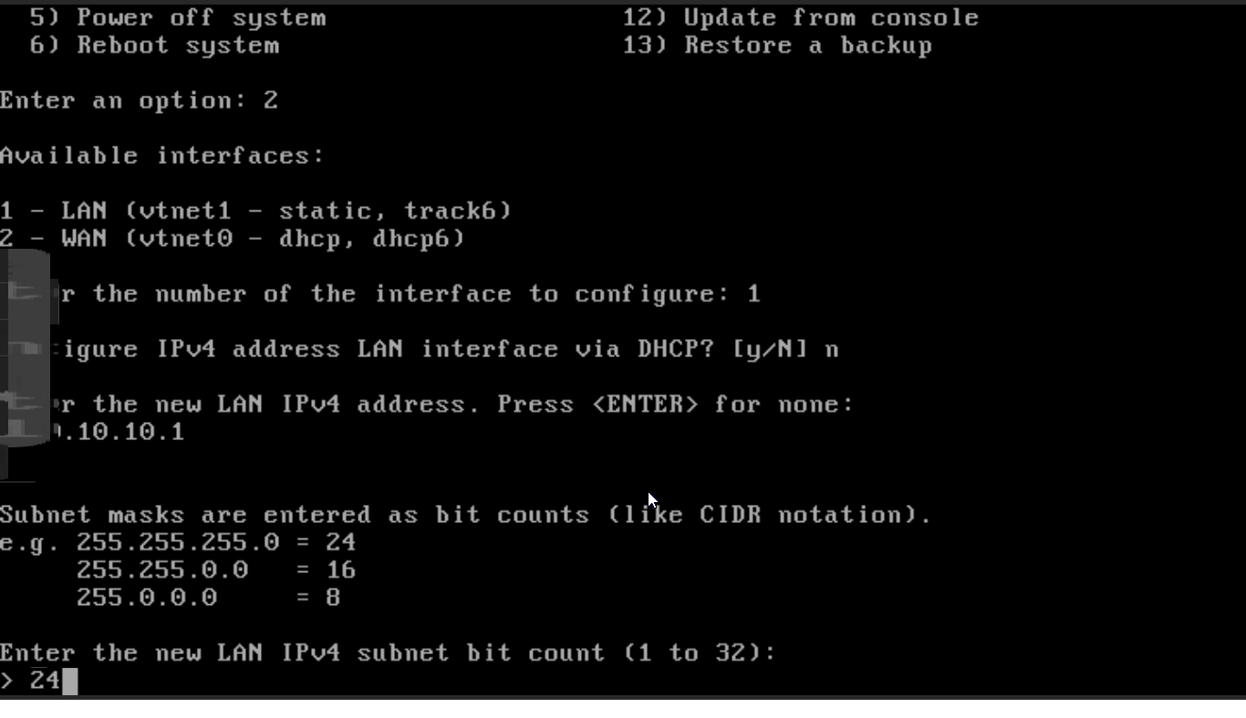 Festlegen der Subnetzmaske für die LAN-Schnittstelle in der OPNsense-CLI