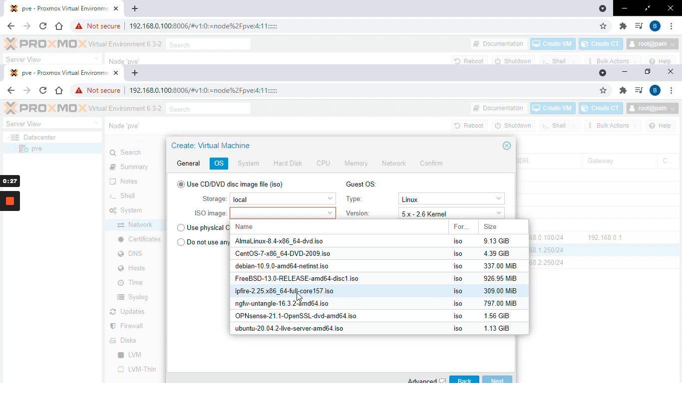 Auswahl der OPNsense-ISO zur Installation auf Proxmox als Betriebssystem