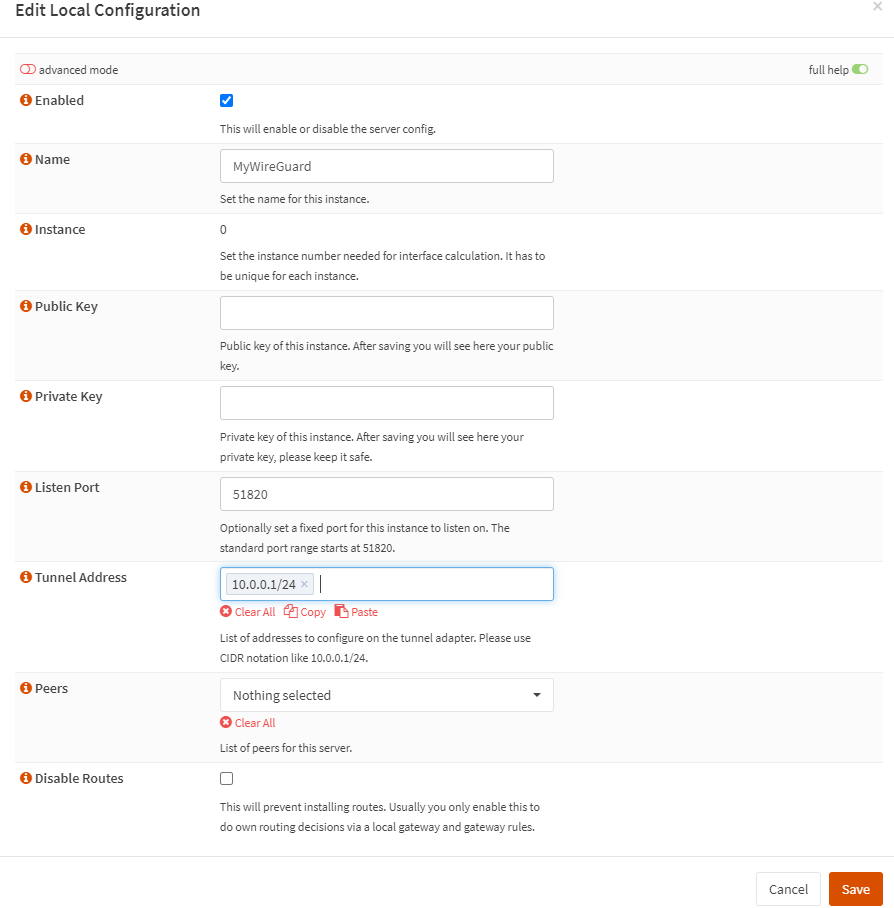 Einrichten der lokalen WireGuard-VPN-Serverkonfiguration auf OPNsense