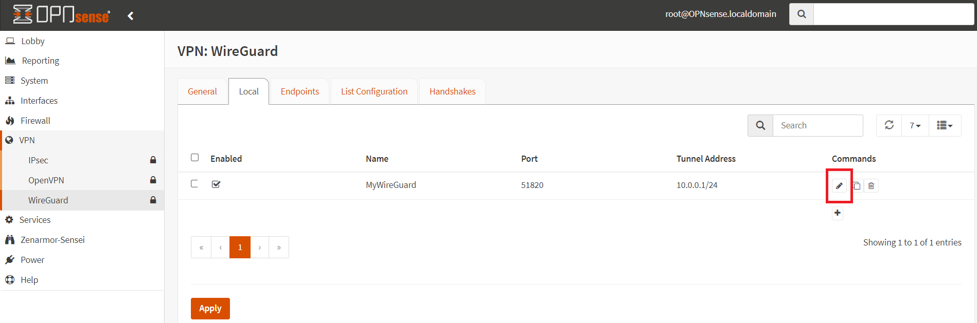 Bearbeiten der lokalen WireGuard-VPN-Serverkonfiguration auf OPNsense