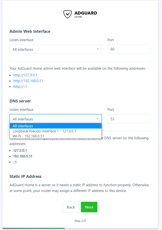 Selecting interfaces running AdGuard Home Web and DNS servers