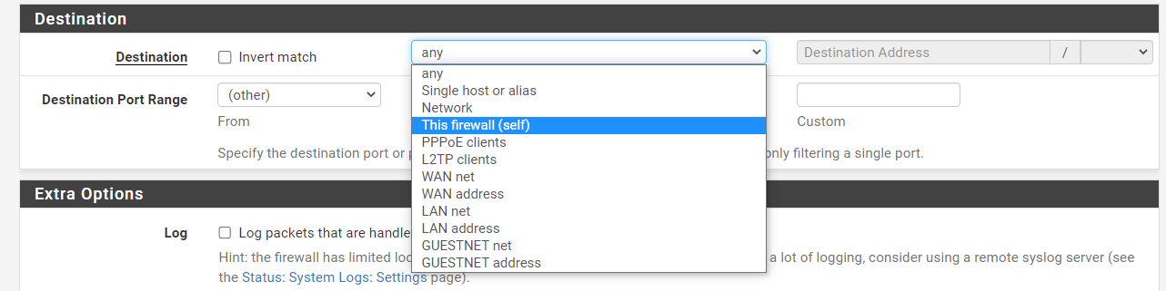 Firewall-Regel-Zieloptionen auf pfsense