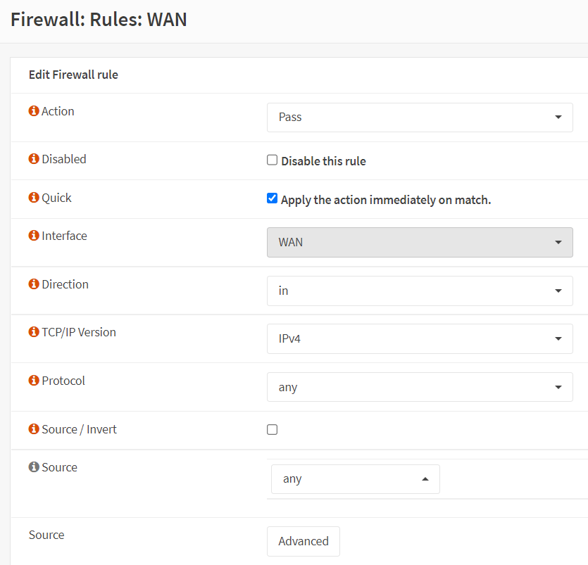 Erstellen einer Firewall-Regel auf der WAN-Schnittstelle, um allen eingehenden Datenverkehr zuzulassen
