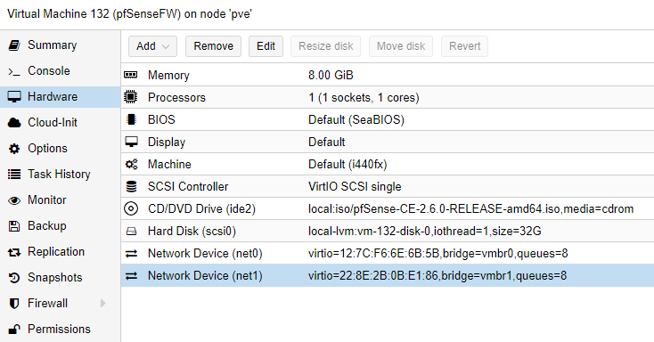 Hardware-Konfiguration der pfSense-VM auf Proxmox VE
