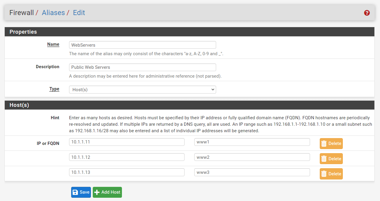 Hosts Alias Beispiel auf der pfSense-Firewall