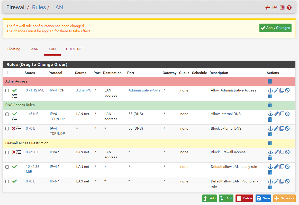 Interne und externe DNS-Firewall-Regeln auf der Liste