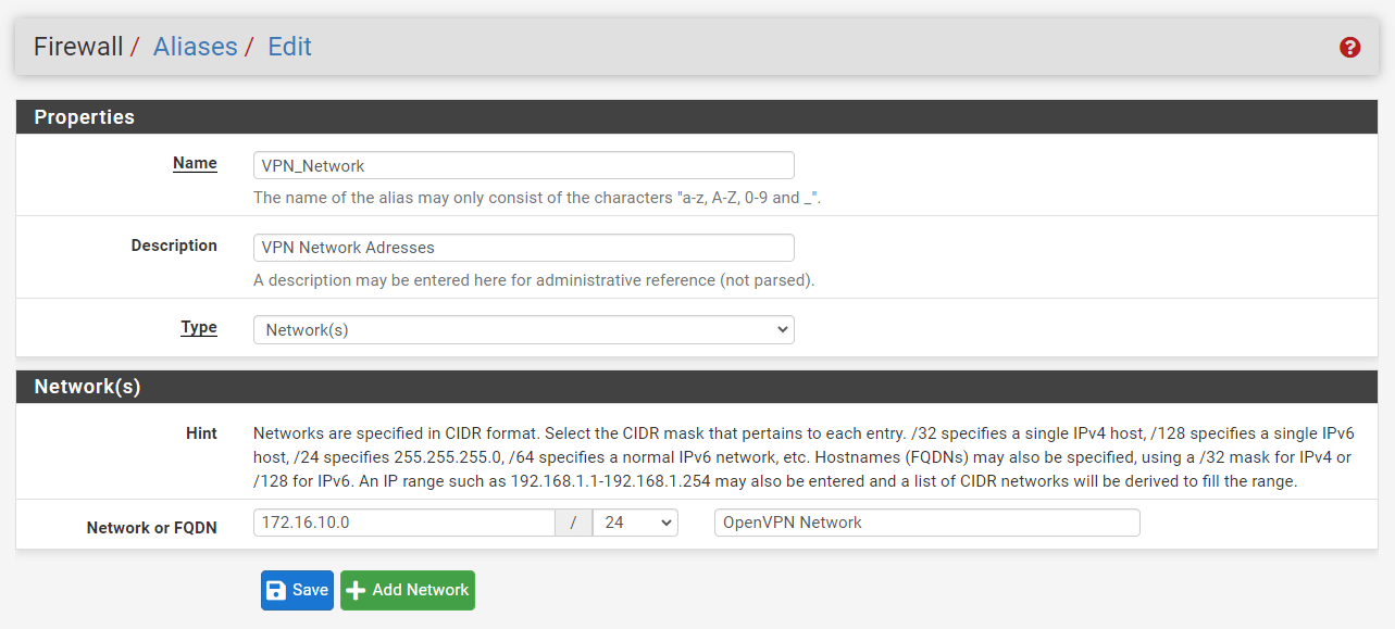 Beispiel für Netzwerknamen auf der pfSense-Firewall