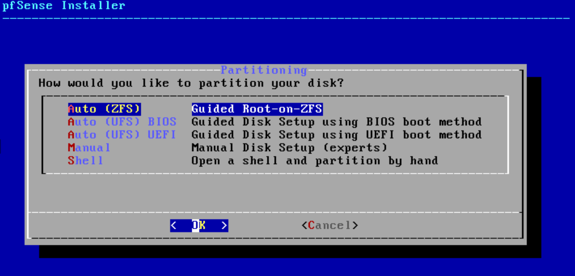 pfSense-Softwareinstallation Partitionierungsmenü