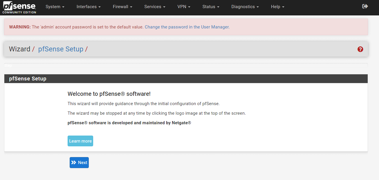 pfSense Setup Willkommensseite