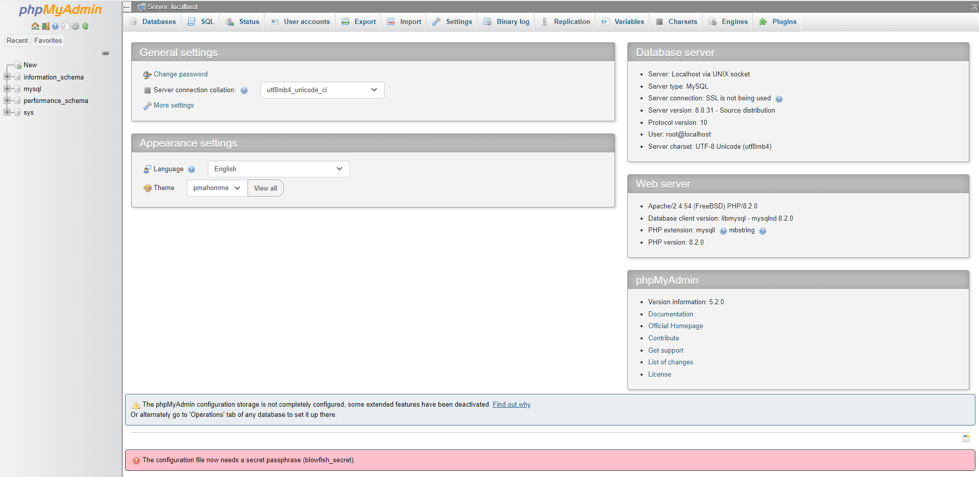 phpMyAdmin Settings Page