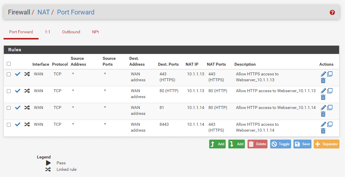 Portweiterleitungsregeln für Webserver auf pfSense