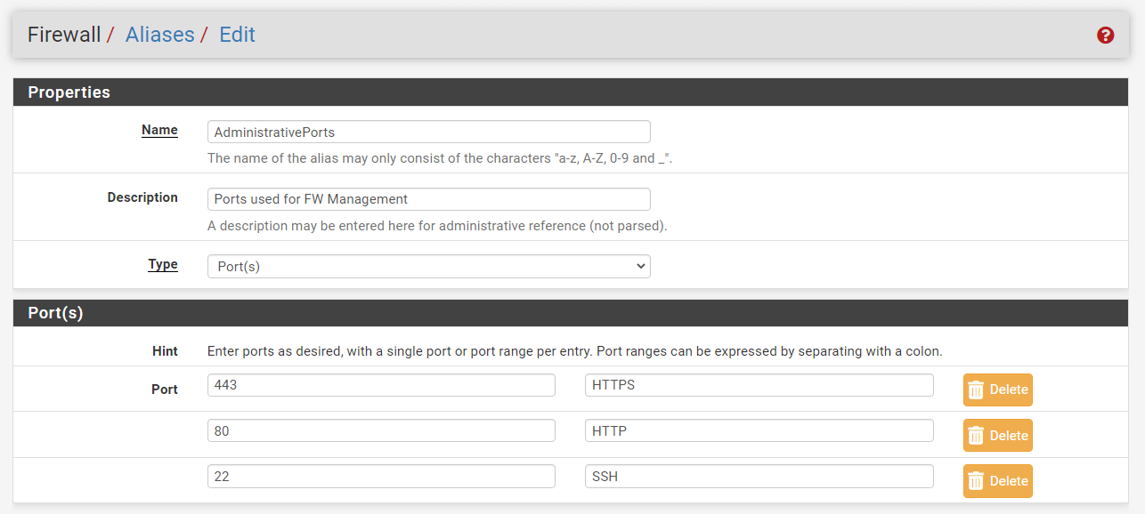 Ports Alias Beispiel auf der pfSense-Firewall